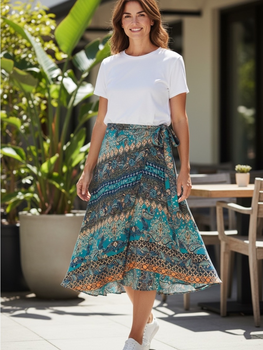 Printed Teal silk Midi Wrap Skirt(New)
